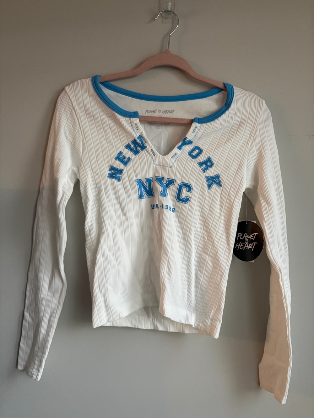 White Long-Sleeve NYC Graphic Tee with Blue Trim
